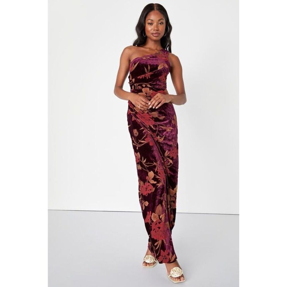 Lulus Unreal Awe Burgundy Floral Burnout Velvet One-shoulder Dress Red - Size S